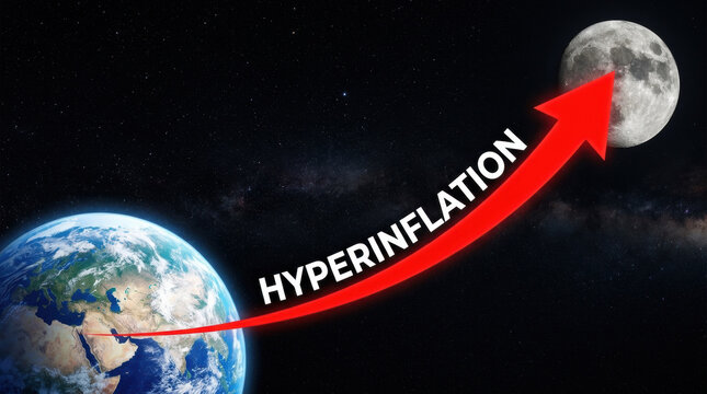 Hyperinflation impact on global economy shown by red arrow rising from Earth to moon in space concept