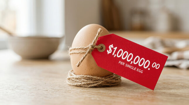 Egg price tag rope wooden table kitchen inflation global economy single egg brown egg close up food cost high price concept expensive natural