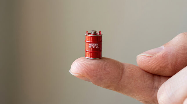 Global economy impact seen in miniature red oil barrel held on fingertip symbolizing inflation effects on fuel prices and market trends