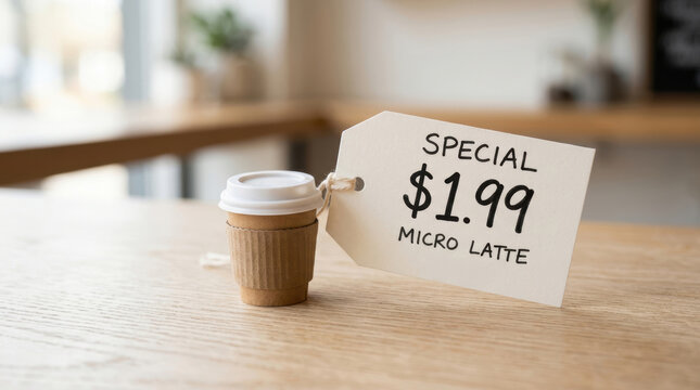 Micro latte with special price tag on wooden table showing economy impact and inflation effect in global market trends