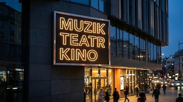 Glowing Theater and Cinema Sign Illuminated on Modern City Building at Night