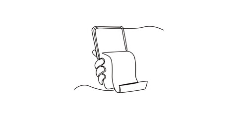 Obraz premium Continuous line drawing of a hand holding a mobile phone with a long scroll document