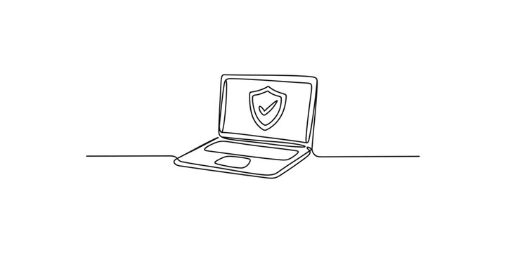 Continuous line drawing of a laptop computer with a shield and check mark icon on the screen representing digital security and online safety