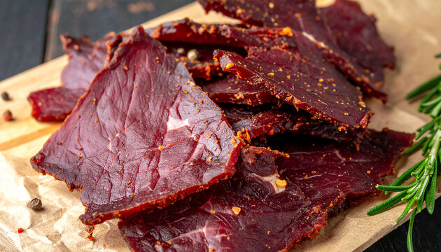 Smoked beef jerky with herbs. Tasty food. Delicious snack. Close-up.