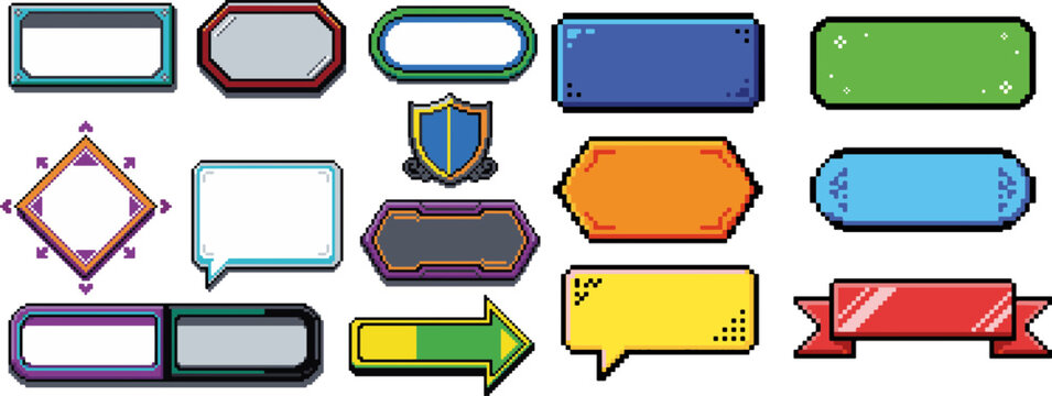 Set of various pixel 8bit art game interface buttons and UI elements with interface geometric collection template rectangle colorful inventory graphics navigation