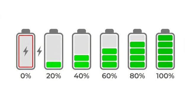 Progressive battery charging levels from empty to full capacity illustration.
