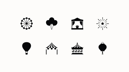 Black and white flat icons set featuring classic entertainment and travel symbols in minimalist style with minimalist silhouette style against neutral background © Parthokumar