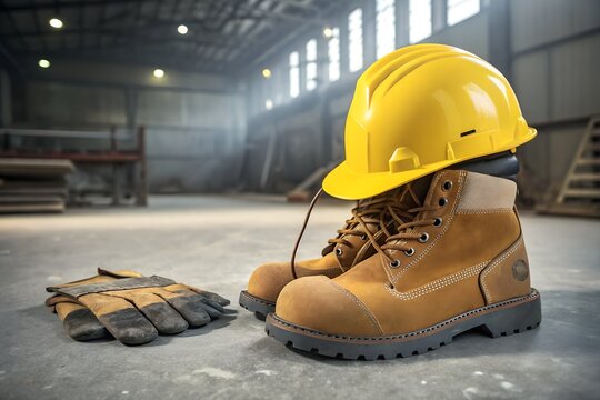 Bright yellow safety hard hat resting securely atop sturdy brown leather work boots placed neatly beside heavy duty protective gloves on the gray concrete floor of a large industrial warehouse.