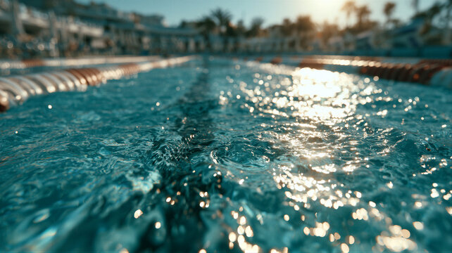 Eye-level pool lane with vibrant dividers in turquoise water. Golden sunrays illuminate caustics on rippling surfaces under a clear sky. Generous copy space for sports branding and fitness campaigns.