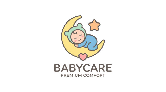 Cute baby sleeping on a yellow crescent moon logo design.