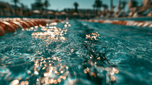 Eye-level pool lane with vibrant dividers in turquoise water. Golden sunrays illuminate caustics on rippling surfaces under a clear sky. Generous copy space for sports branding and fitness campaigns.