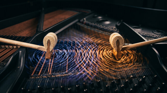 Inside a piano with glowing sound waves visualizing two notes