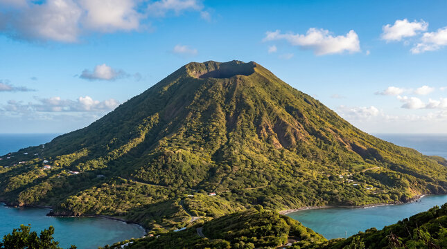 Lush green volcanic mountain island surrounded by the ocean