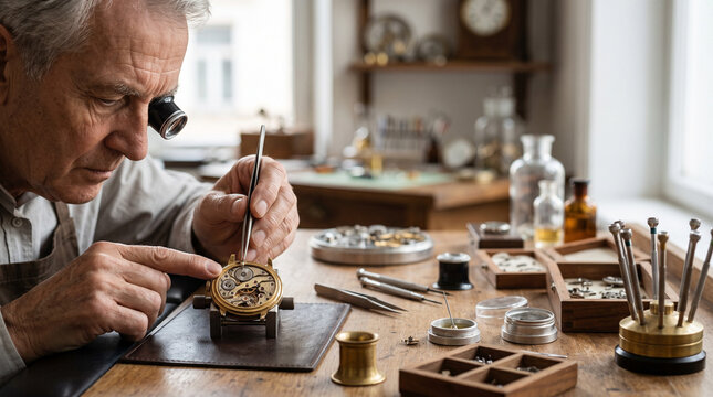 Senior watchmaker repairing a mechanical watch with precision tools on a wooden workbench
