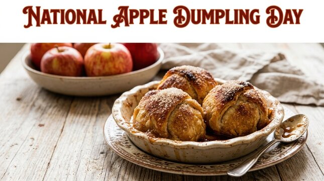 Baked apple dumplings on plate with bowl of apples