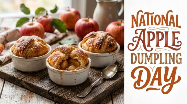 Baked apple dumplings in bowls on wooden board with apples