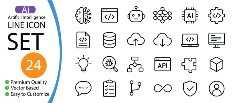 Artificial intelligence & software development line icon set. 