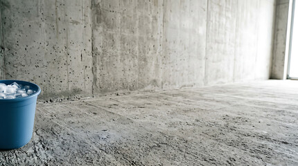Naklejka premium Industrial concrete interior with blue bucket on floor as a textured architectural background