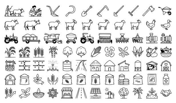 Indian Agriculture Farming Tools and Crops Icon Set Vector Illustration