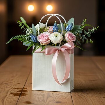 Elegant Pastel Flower Arrangement Displayed in White Gift Bag on Wooden Table
