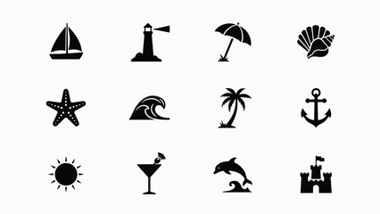 Vacation themed icons set featuring coastal elements marine life and relaxation symbols with all rendered bold black silhouettes against stark white background striking © Parthokumar
