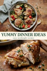 Collage de cena deliciosa con pollo asado al horno, verduras, patatas y texto sobre fondo de madera rústica © maite