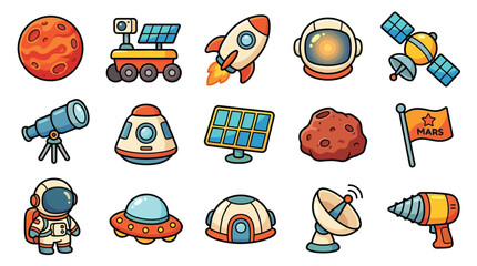 Collection of cartoon space exploration icons including planets, rockets, astronauts, and satellites. © geira