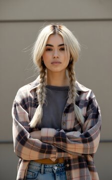 Retrato de mujer joven rubia con trenzas, camisa de cuadros y brazos cruzados mirando a c&aacute;mara