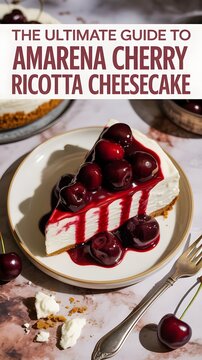 Rebanada de tarta de queso ricotta con cobertura de cerezas amarena y sirope brillante en un plato con tenedor