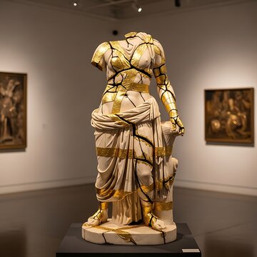 Headless Classical Marble Statue with Gold Cracks Displayed in Modern Art Gallery