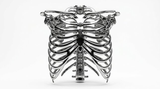 Metal ribcage sculpture on white background