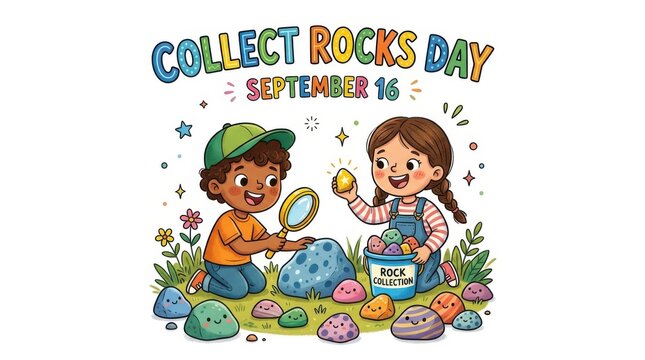 Children Exploring Nature Collecting Colorful Rocks in Vibrant Outdoor Setting