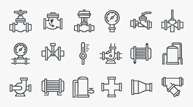 Minimalist Black and White Line Icons Set of Industrial Valves Pipes and Measurement Tools for Technical Diagrams