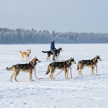 Husky Sled Dogs Standing with Handler on Snowy Frozen Lake