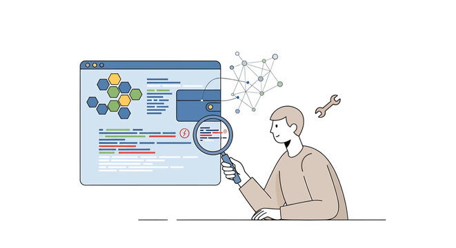 Software developer analyzing code and debugging program on computer screen with magnifying glass.