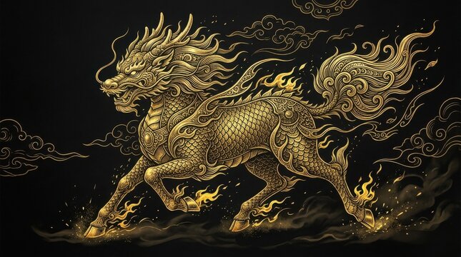 Golden Horse Running in Flames, Dark Background