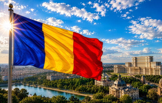 Romania Flag Over Bucharest Skyline and Parliament AI Generated