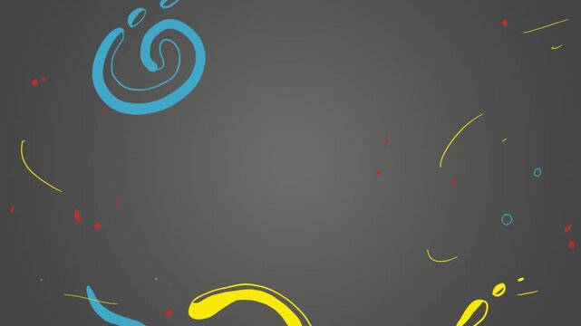 Swirls and colorful dots decorate a dark gray surface providing a dynamic and artistic background suitable for various design projects.