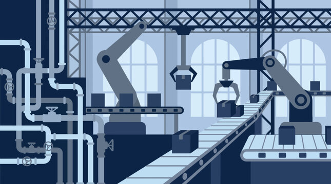 Industrial factory interior featuring automated robotic arms on conveyor belt assembly line with pipes and warehouse windows, representing advanced manufacturing and smart logistics systems