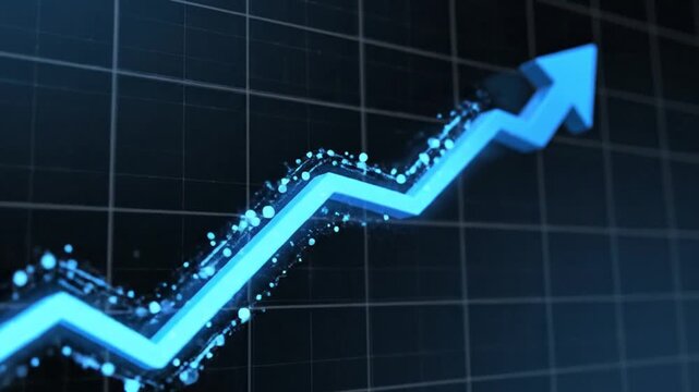 A rising graph shows business growth with a blue arrow trending upward on a grid background.