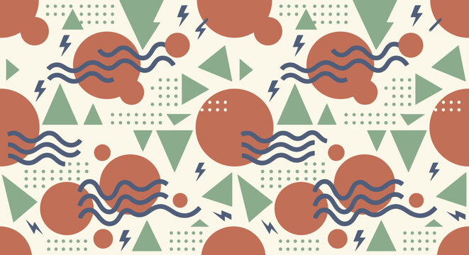 Abstract retro geometric seamless pattern with terracotta circles, green triangles, and wavy blue lines on cream background