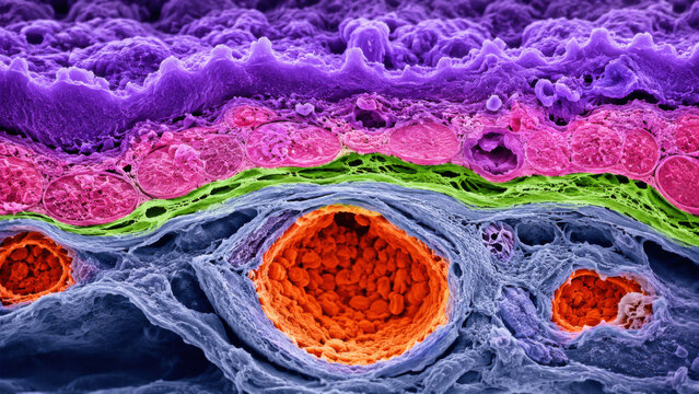 Colorized scanning electron microscope cross section of placenta barrier layers showing trophoblast syncytium and fetal capillary with vivid purple, pink, and green layers