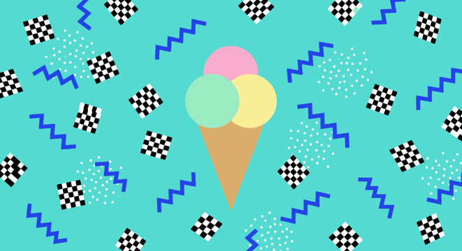 Memphis retro pattern with checkered squares and zigzags on teal background.
