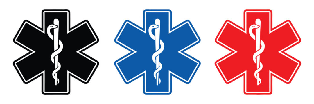 Star, Medicine Icon Set Featuring Medical Star with Snake Symbol, Emergency Healthcare, Clinical Services, Hospital Care, Medical Assistance, and Professional Vector Design Concepts.