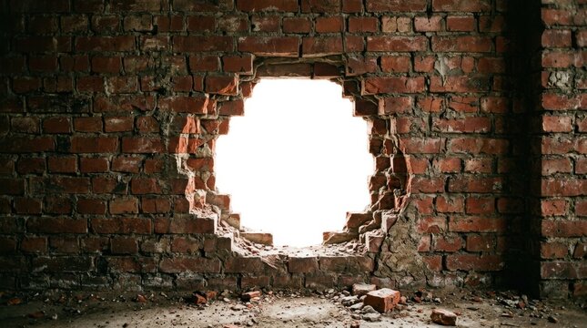 Broken brick wall with hole, daylight shining through