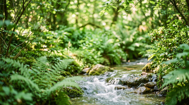 Serene forest stream with lush greenery and ferns