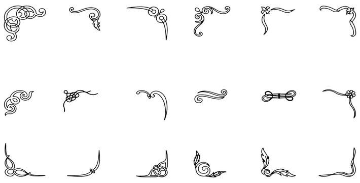 Set of decorative hand drawn corner elements. Divider ornament, borders, doodle, separators, page dividers, header, vector