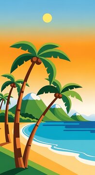 Tropical Palm Trees Leaning Over Sunny Beach with Ocean and Mountains