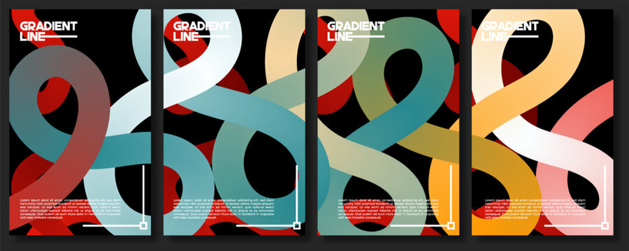 Four vibrant abstract gradient line compositions with overlapping ribbon shapes and placeholder text on a black background