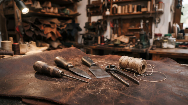 Vintage leather crafting tools and twine on brown leather sheet in shoemaker workshop 